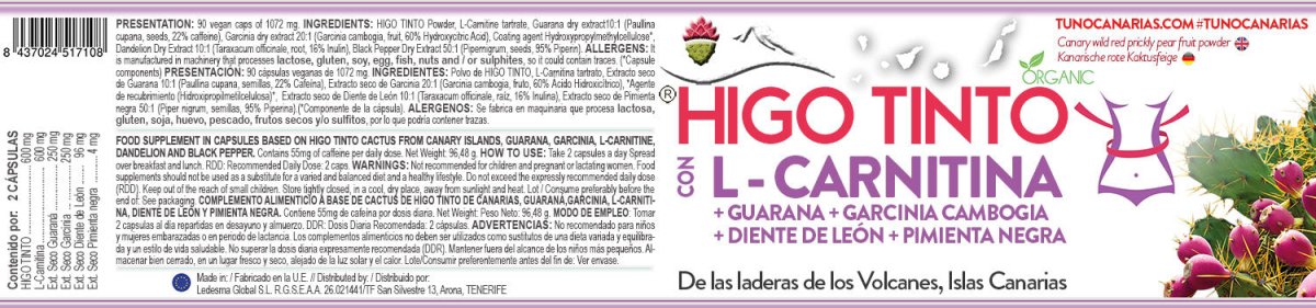 Cápsulas Quemagrasa con L - Carnitina y Guaraná a base de HIGO TINTO® - Tuno Canarias