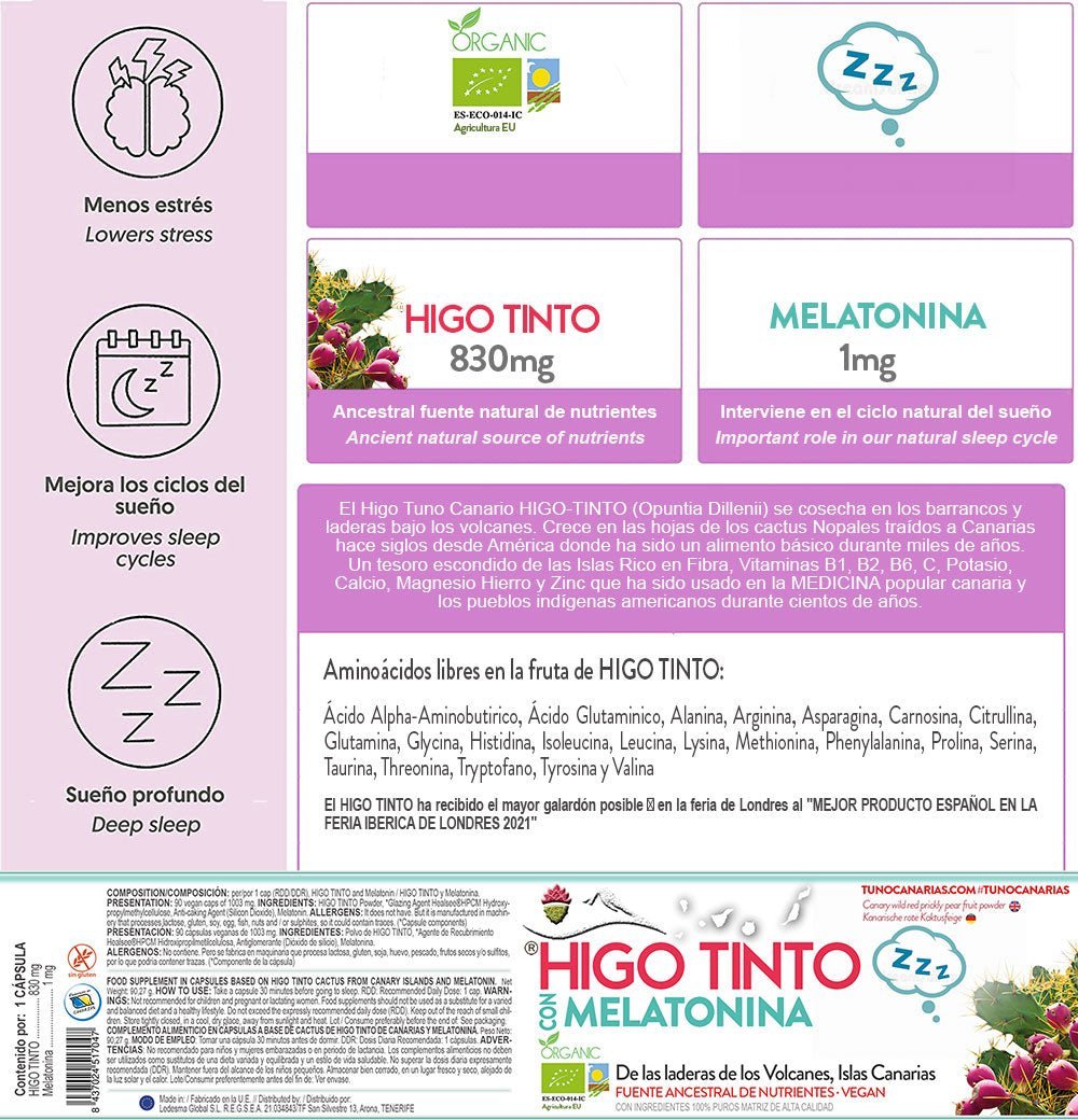 Cápsulas de Melatonina Natural a base de HIGO TINTO® – Sueño reparador y descanso profundo - Tuno Canarias
